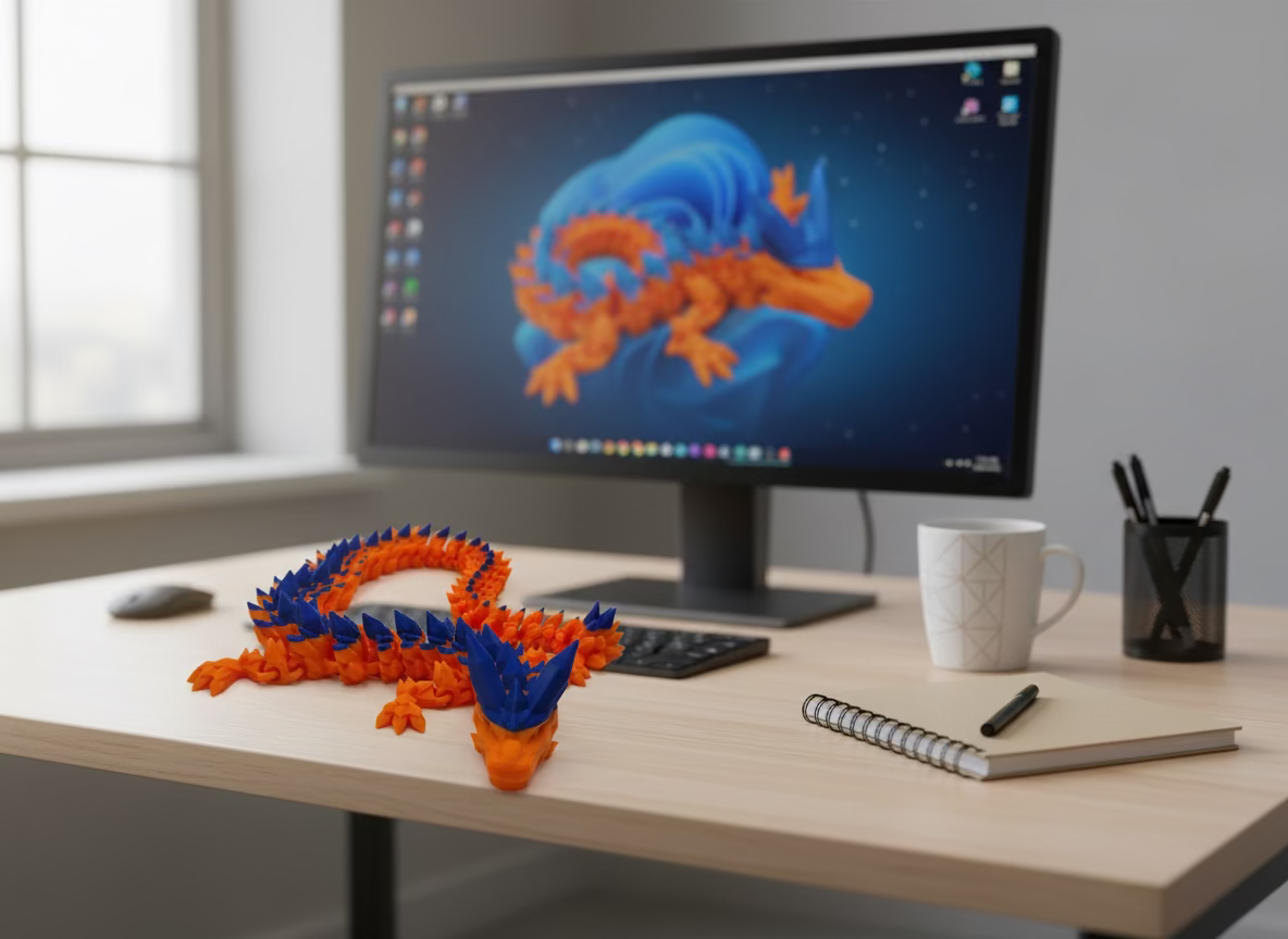 A fully articulated 18-inch 3D printed Crystal Dragon figure in vibrant blue and orange PLA, featuring crystal-shaped spikes and a segmented, poseable body.