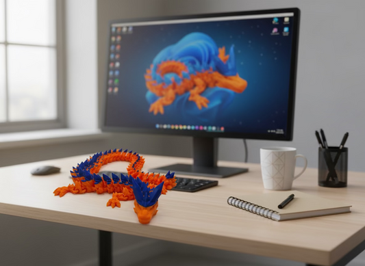 A fully articulated 18-inch 3D printed Crystal Dragon figure in vibrant blue and orange PLA, featuring crystal-shaped spikes and a segmented, poseable body.