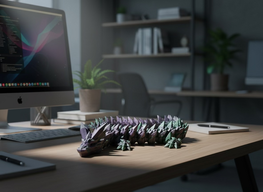 A fully articulated 26-inch 3D printed Crystal Dragon figure in purple/green silk PLA, featuring crystal-shaped spikes and a segmented, poseable body.