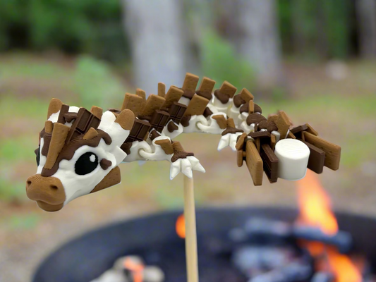 3D printed Baby S’mores Dragon figure with chocolate, marshmallow, and graham cracker design, articulated and flexible.